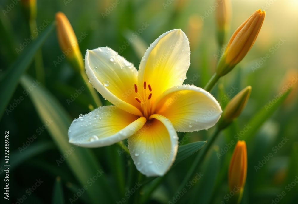A yellow and white flower with water droplets on it A yellow and white flower with water droplets on it