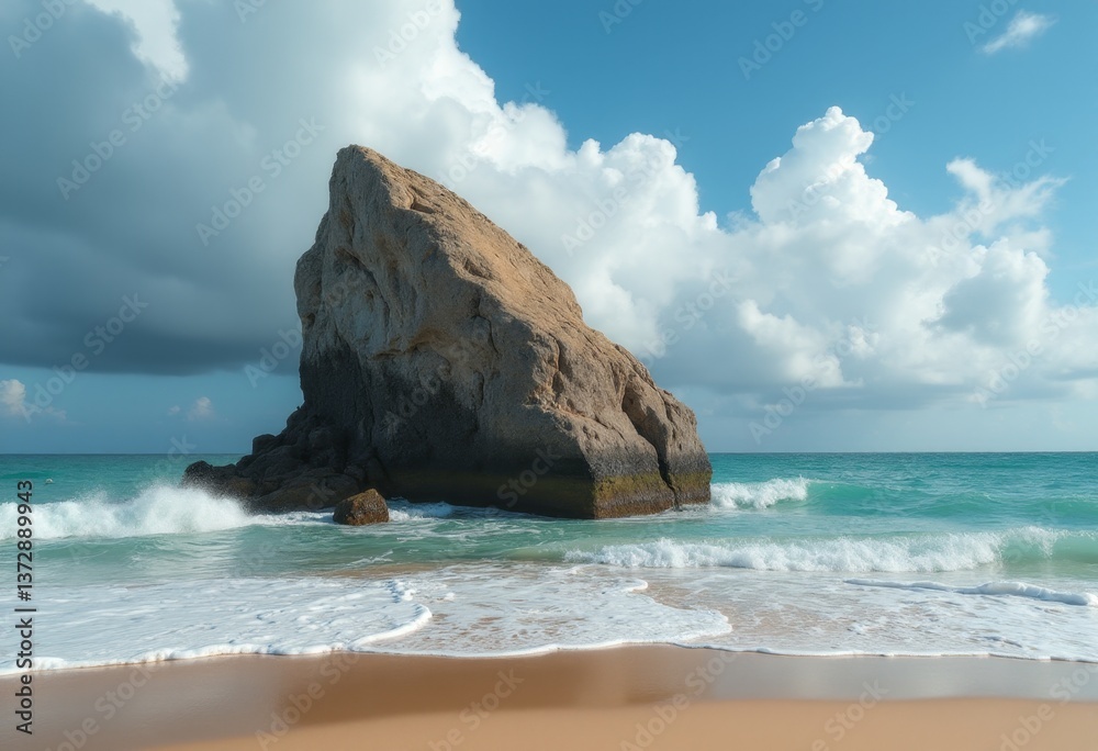 Fototapeta premium A large rock in the middle of the ocean on a beach
