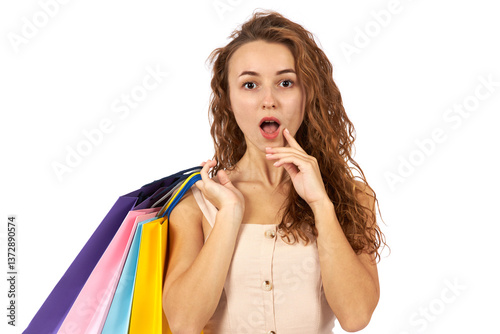 Girl with bags and purchases in a store.