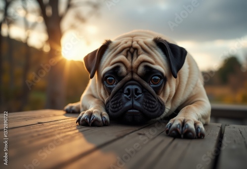 A pug dog laying on a wooden table with the sun setting in the background