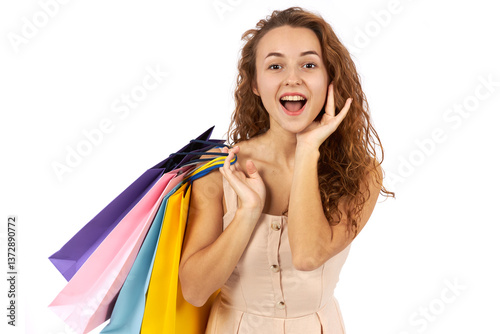 Girl with bags and purchases in a store.