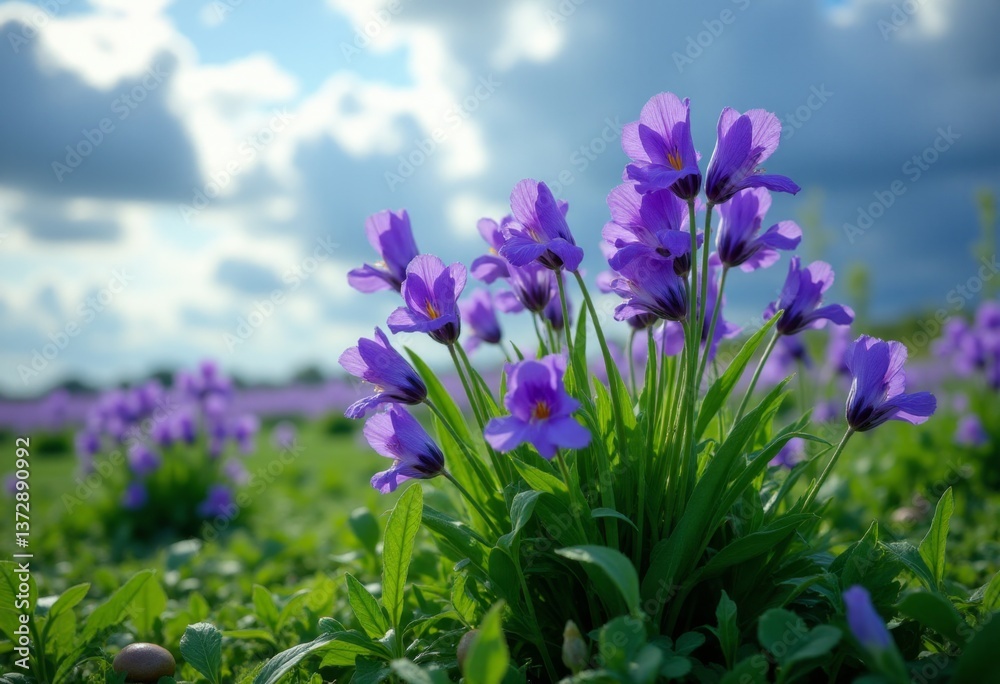 Obraz premium A field of purple flowers under a cloudy sky