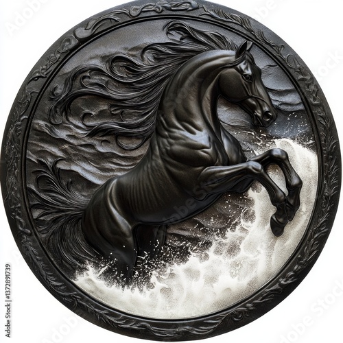 A black horse is running through the water