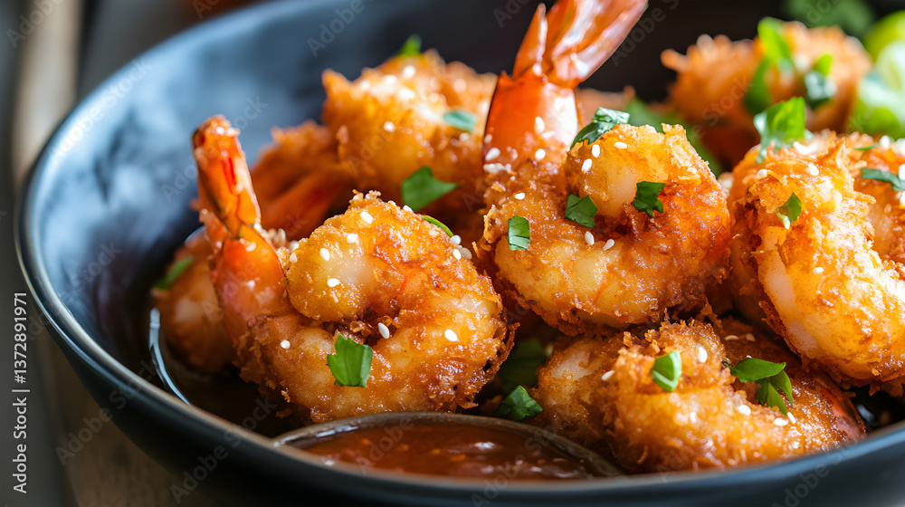 Deep fried coconut shrimp with sauce