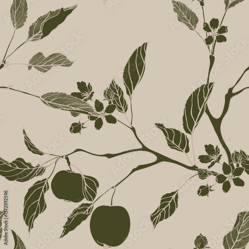 Green line apple branch. Blooming branch of sakura apple tree seamless pattern.