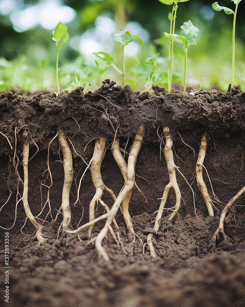 Fototapeta premium Roots of plants growing in rich soil with seedlings 