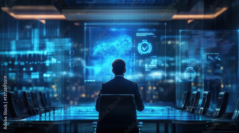 Futuristic cybersecurity expert analyzing data streams in modern conference room Futuristic cybersecurity expert analyzing data streams in modern conference room