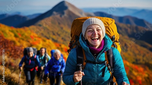Joyful hikers on colorful autumn trail mountains photography nature close-up adventure and community