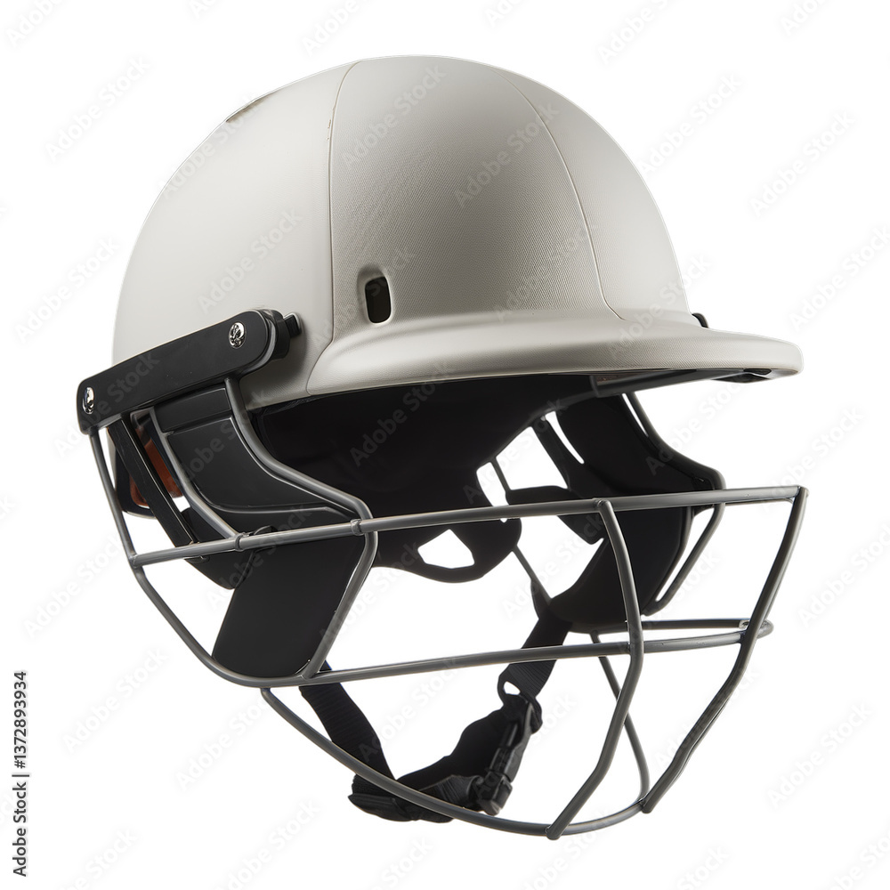 Fototapeta premium White cricket helmet with metal faceguard, isolated on transparent background