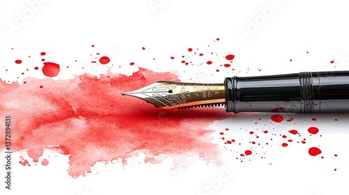 A fountain pen sitting on top of a red ink splatter