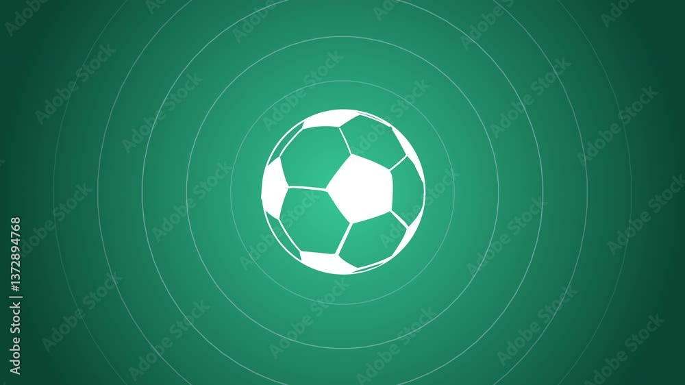 Spinning soccer ball (football) with white simple outline spinning on a green gradient background with expanding radio wave circles behind 4K