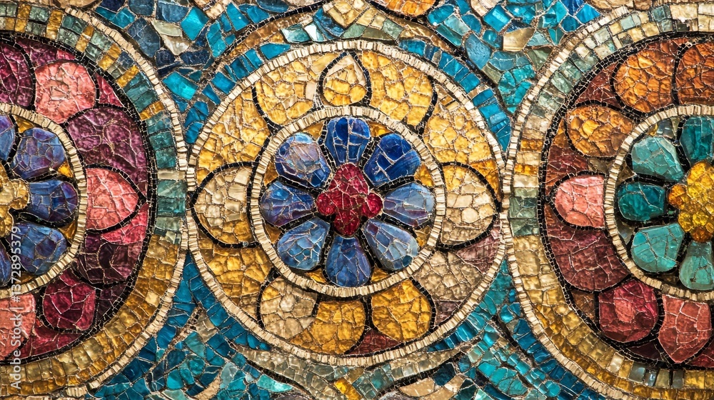 Three floral mosaic patterns in circular designs with blue gold Three floral mosaic patterns in circular designs with blue gold