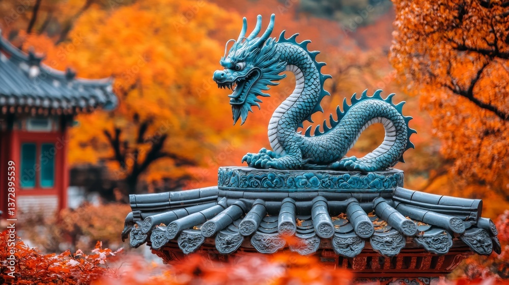 Fototapeta premium A blue dragon statue on top of a building in a park