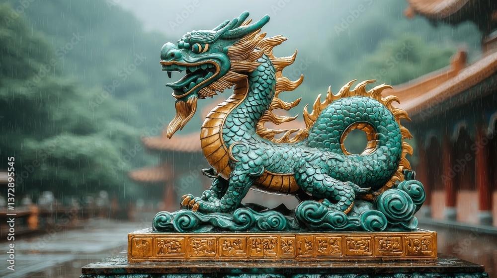 Fototapeta premium A statue of a green and gold dragon in the rain