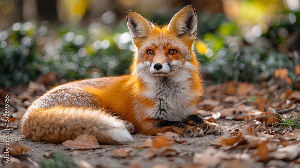 Fototapeta premium A red fox laying on the ground in the woods