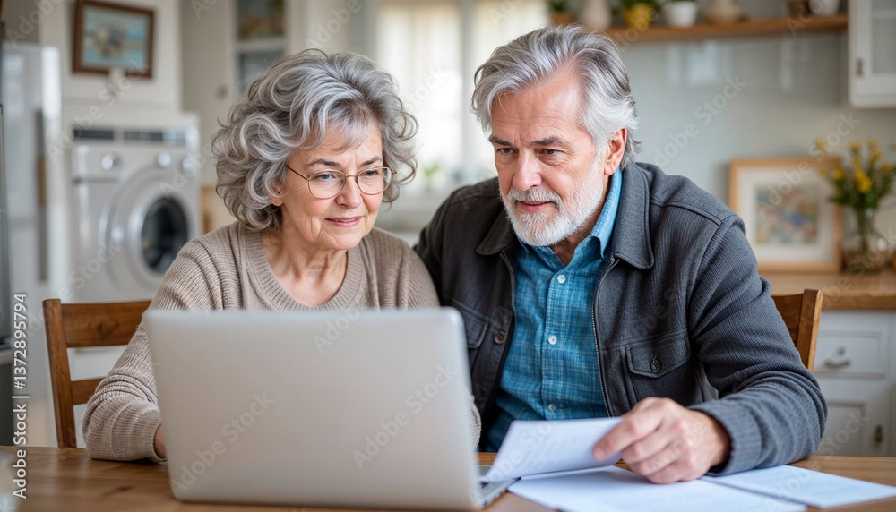 Senior couple looking at laptop computer and paperwork in bright kitchen with woman wearing beige cardigan and man in denim jacket Senior couple looking at laptop computer and paperwork in bright kitchen with woman wearing beige cardigan and man in denim jacket