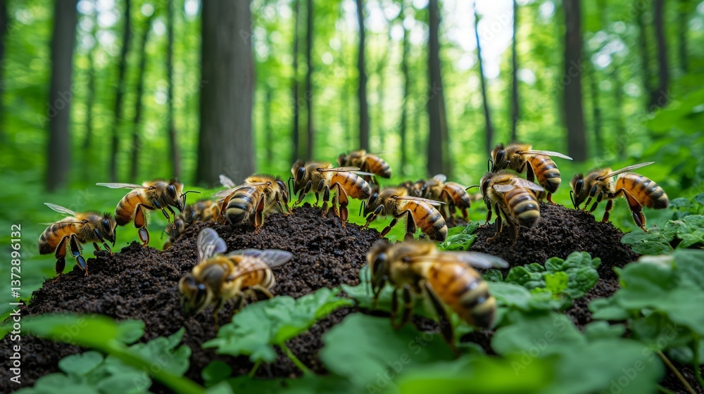 Obraz premium A group of bees on a mound of dirt in the woods