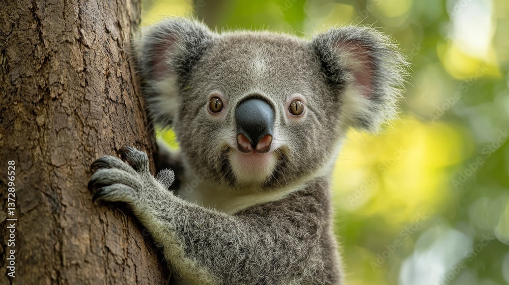 Naklejka premium A koala bear peeking out from behind a tree