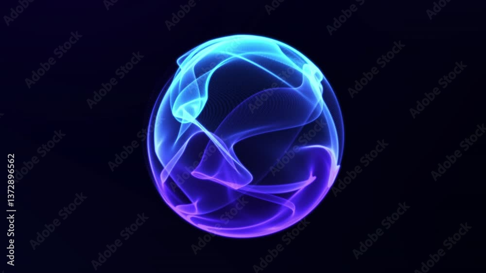 Glowing spinning energetic abstract sphere with waves and particles inside.Modern, technological, 3d, colors background. Animated glowing blue ball.Virtual assistant