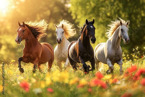 Majestic horses running through a vibrant flower field at sunset