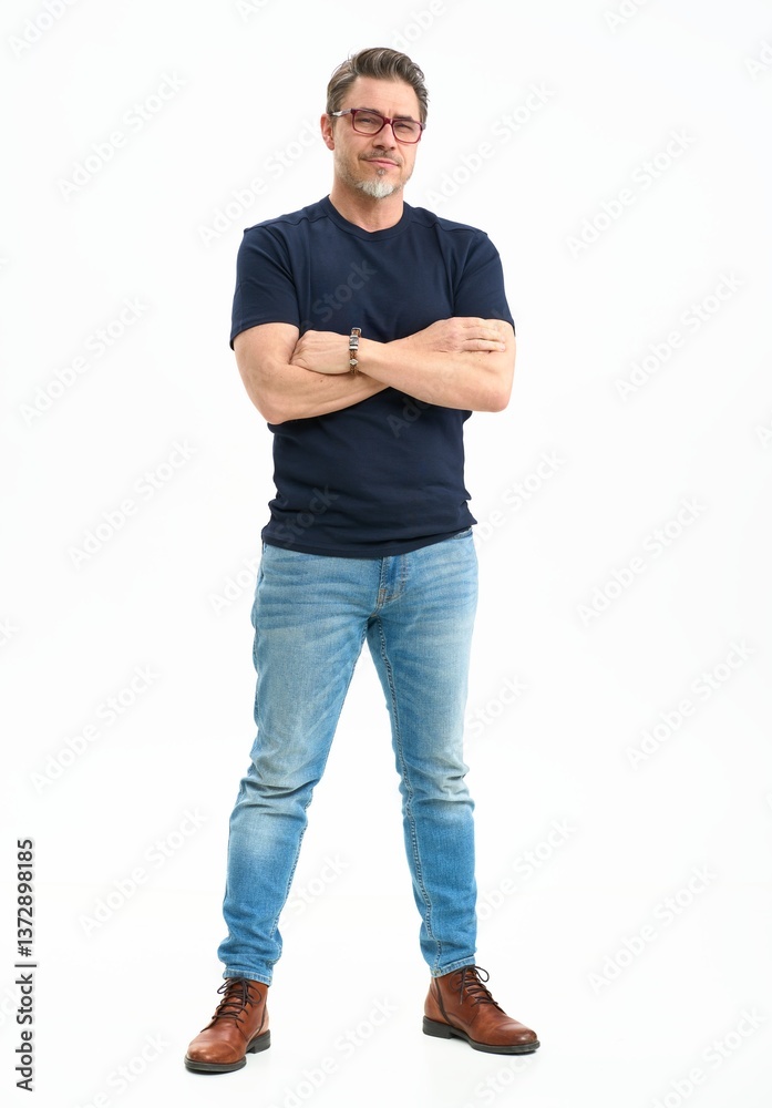 Middle age casual man in jeans and t-shirt. Mid adult, mature age man, happy smiling. Full length portrait isolated on white. Middle age casual man in jeans and t-shirt. Mid adult, mature age man, happy smiling. Full length portrait isolated on white.