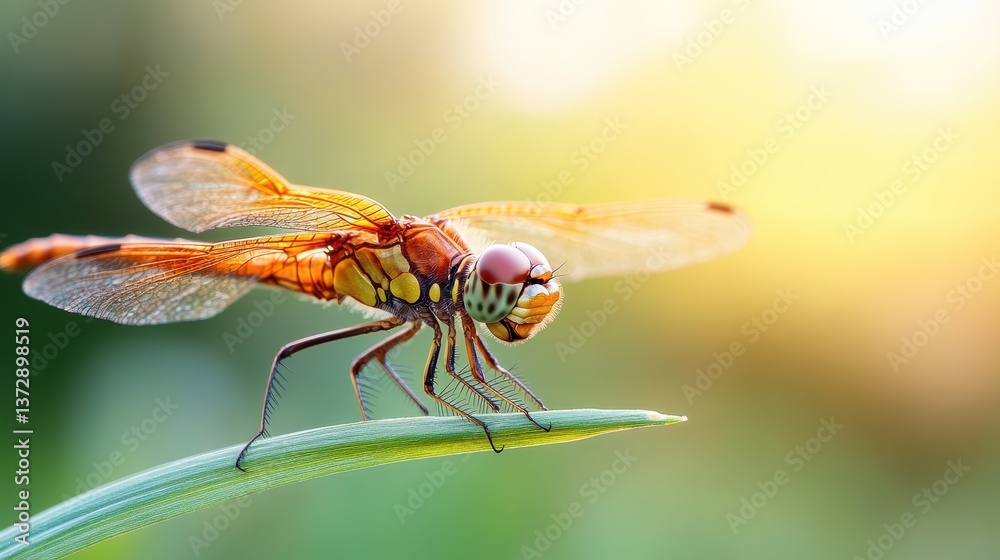 An intricate macro shot of a dragonfly with transparent wings positioned perfectly on a blade of grass during the golden hour, showcasing the elegance of this insect. An intricate macro shot of a dragonfly with transparent wings positioned perfectly on a blade of grass during the golden hour, showcasing the elegance of this insect.