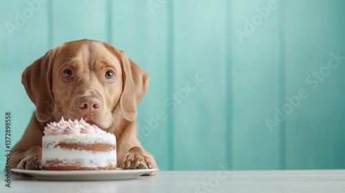A lovable dog gazes at a delectable cake in a bright, cheerful setting, embodying joy and the fun of celebrating special moments with furry friends and tasty treats.
