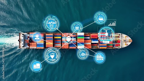 Aerial view of a cargo ship with colorful containers and digital icons overlay, illustrating smart logistics, automation, and data-driven cargo management at sea.