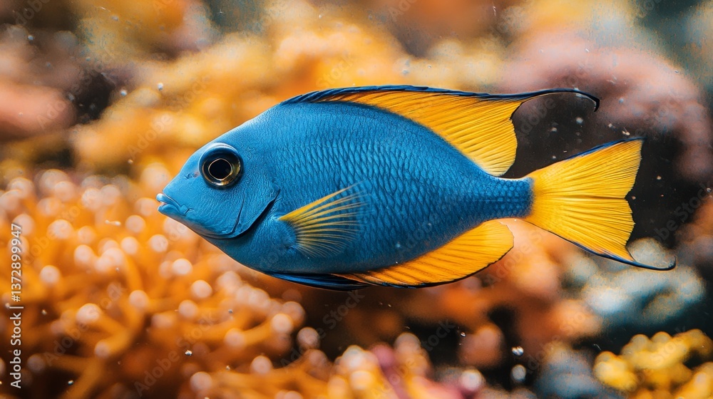 Naklejka premium A blue and yellow fish swimming in an aquarium