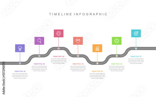 Business road map timeline infographic concept. with icons and 7 options, Corporate milestones graphic elements. workflow layout, diagram, report, web design. Creative, vector