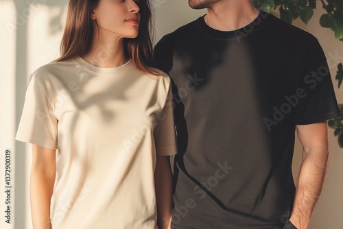 Man and woman wearing blank beige and black t-shirt