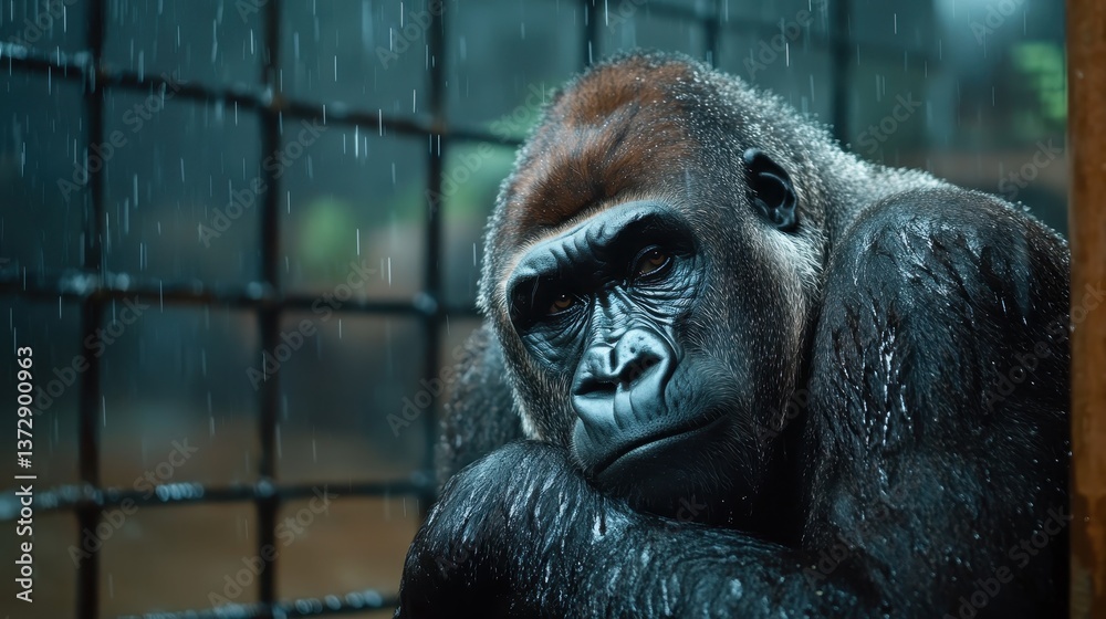 A stunning close-up of a gorilla under rain, showing a deep thoughtful expression that evokes a sense of emotion, connection, and reflection on the beauty of wildlife. A stunning close-up of a gorilla under rain, showing a deep thoughtful expression that evokes a sense of emotion, connection, and reflection on the beauty of wildlife.