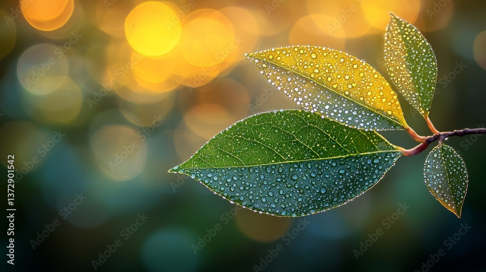 A green leaf with water droplets on it A green leaf with water droplets on it