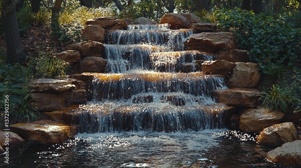 Obraz premium A small waterfall in the middle of a pond surrounded by rocks