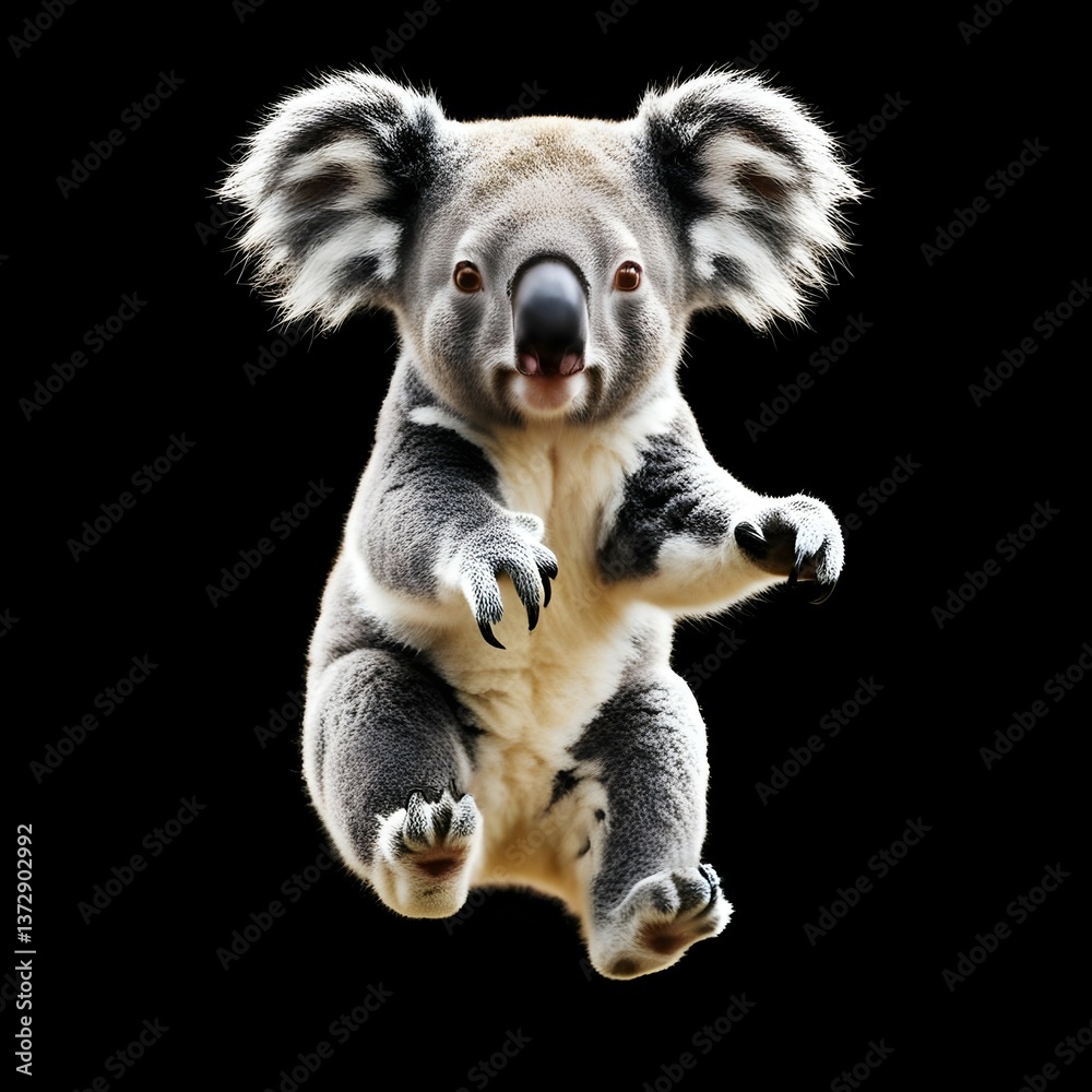 Naklejka premium realistic running koala cub on black background with dynamic motion for use in wildlife and nature visuals