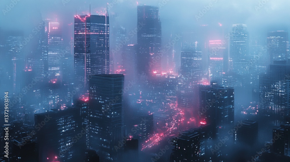 Fototapeta premium Futuristic cityscape shrouded in mist, vibrant neon lights