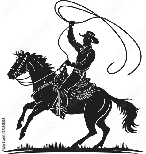  Cowboy Silhouette with Lasso on Horse – Rodeo, Western, Wild West Vector