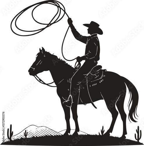  Cowboy Silhouette with Lasso on Horse – Rodeo, Western, Wild West Vector