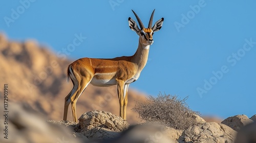 A gazelle standing on top of a rocky hillside
