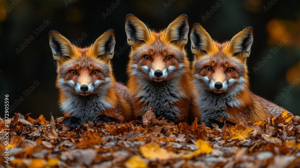 Fototapeta premium Three foxes are sitting in a pile of leaves