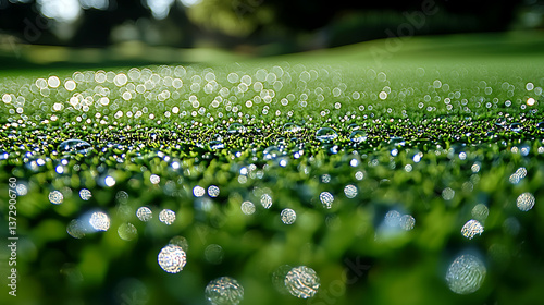 Closeup of dewcovered grass, showcasing glistening droplets and bokeh effect.  A vibrant, refreshing image ideal for nature, freshness, purity, or environmental themes. photo