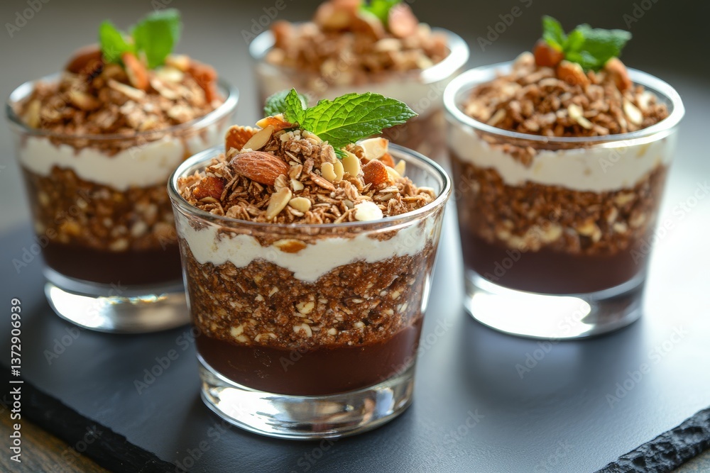 Decadent chocolate and chestnut mousse dessert artfully arranged in elegant glass cups with roasted almonds and oats topped with vibrant raspberry garnish Decadent chocolate and chestnut mousse dessert artfully arranged in elegant glass cups with roasted almonds and oats topped with vibrant raspberry garnish