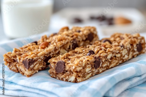 Delicious Homemade Cereal Bars With Oats Nuts Chocolate Chips on Checkered Kitchen Cloth Display