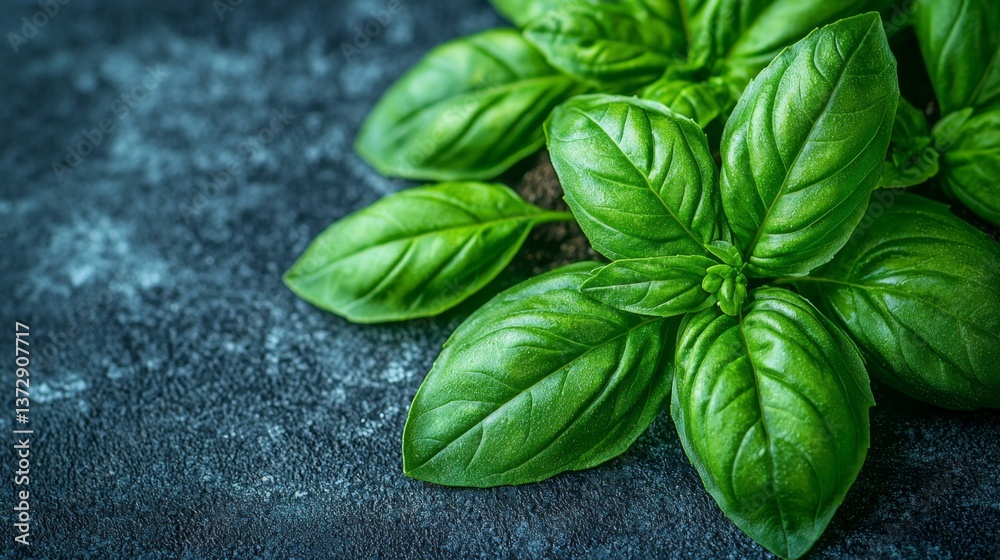 Fototapeta premium A bunch of fresh green basil leaves on a dark surface