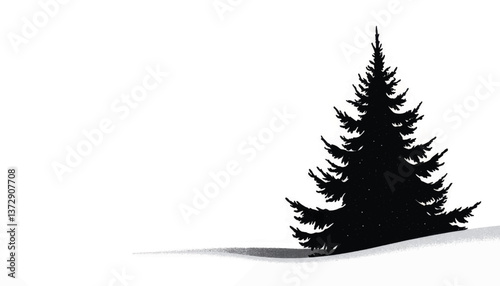 Silhouette of a pine tree against a white winter landscape with snow at midday