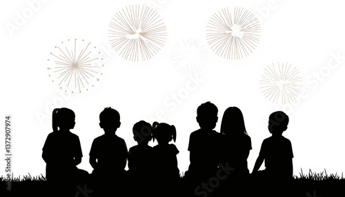 Children watching fireworks display on a summer evening in a park setting with silhouettes against bright sky