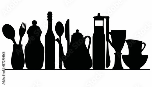 Silhouettes of kitchen utensils and beverage containers displayed on a counter at a home setting