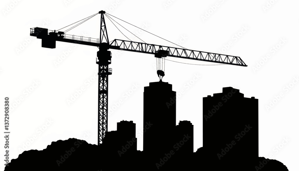 Construction crane towering over city buildings at sunset, creating silhouettes against the sky