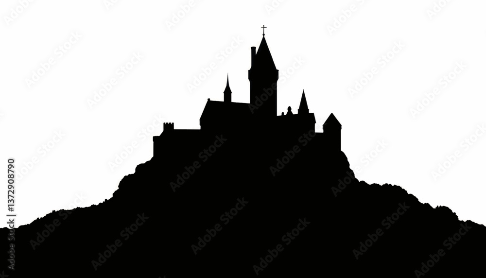Obraz premium Castle silhouette against a clear sky at dusk highlighting its towers and spires in an enchanting landscape