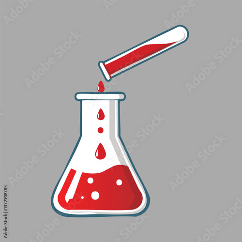 Red liquid drips from a test tube into a flask. Science experiment concept illustration